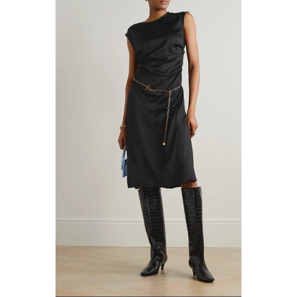 Holzweiler Isabell Side Gathered Button Shoulder Black Satin Midi Dress XS